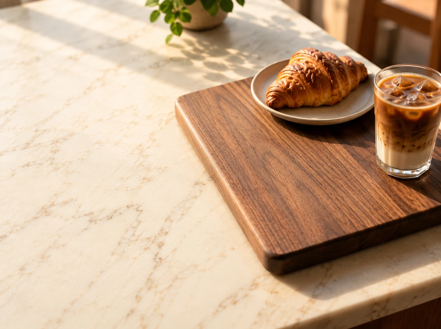 Café table with Vietnamese iced coffee and butter croissant on a wooden serving board